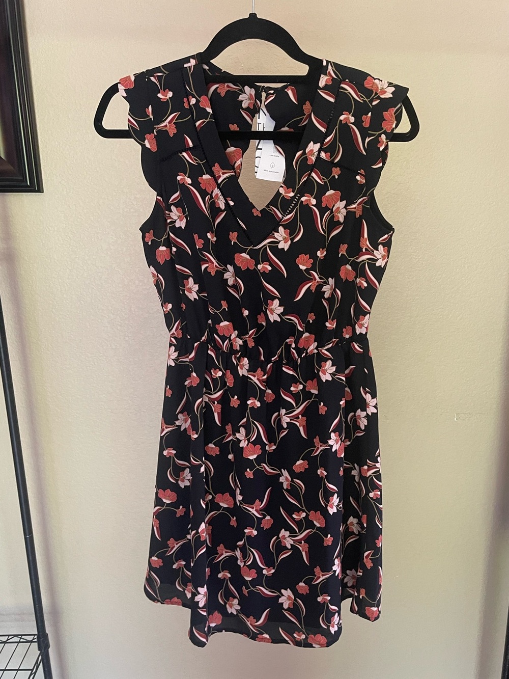 41 Hawthorn Black Floral V-Neck Mini Dress with Pink & Coral Blossoms